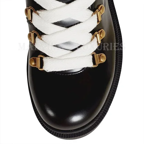 GUCCI BOOTS LACE-UP BLACK LEATHER ANKLE BOOTIE RUBBER LUG SOLE sz 37.5 / 7.5
